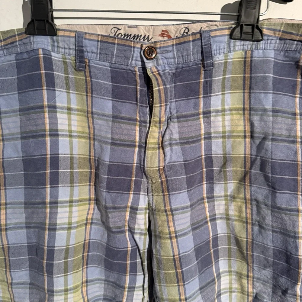 Tommy Bahama‎ Men's Linen Tencel Shorts Size 40 Blue Green Plaid Resort Travel